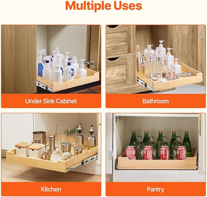 VEVOR Pull Out Cabinet Organizer, 20"W x 21"D Cabinet Drawer, Soft Close Slide out Shelf, Heavy-Duty Sliding Wood Drawer, Bottom and Side Assembly Base Cabinet Organization for Kitchen Pantry Bathroom
