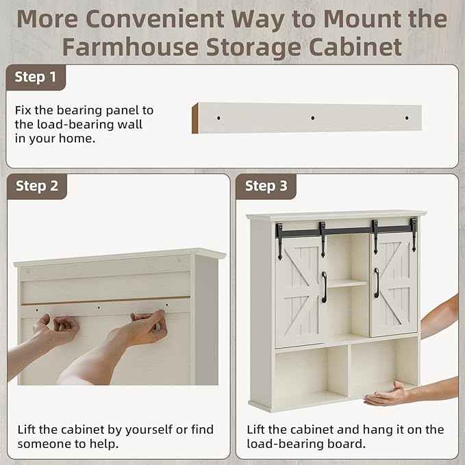 Vabches Bathroom Wall Cabinet, Farmhouse Medicine Cabinet with Double Sliding Barn Door and Adjustable Shelves, Wooden Vintage Storage Cabinet Wall Mounted for Bathroom, Kitchen Dining, White