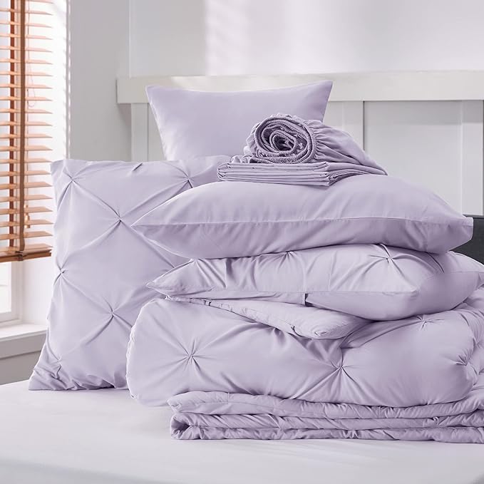 Bedsure Twin XL Comforter Set - Extra Long 5 Pieces Dorm Bedding Sets, GentleSoft™ Pinch Pleat Light Purple Bed in a Bag with Pintuck Comforter, Sheets, Pillowcase & Sham