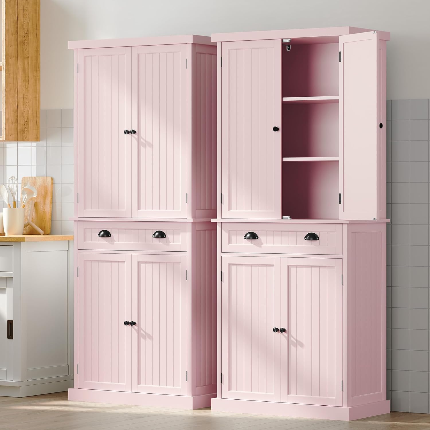 ARTPOWER 72" Tall Kitchen Pantry Storage Cabinet with Drawer and Adjustable Shelves, Pantry Cabinet for Kitchen, Bathroom or Hallway, Pink - Décor Diaries