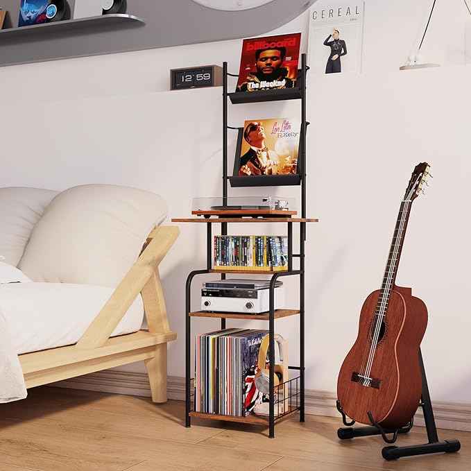 Record Player Stand with Vinyl Storage - 6-Tier Turntable Table with Adjustable Feet, Metal & Wood Cabinet - Console Organizer Display Shelf for Living Room, Apartment