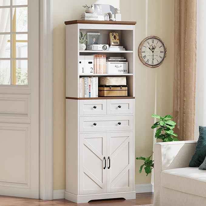 Vabches 70" Tall Bathroom Storage Cabinet, Farmhouse Bathroom Cabinet with 3 Drawers, Adjustable Shelves & Doors, 3 Tier Wood Cabinets for Bathroom, Living Room, Rustic White