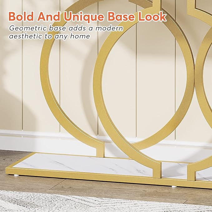 Tribesigns Gold Console Table, 55 inch Modern Entryway Table with Geometric Metal Frame, Faux Marble Narrow Long Sofa Table for Living Room, Entrance, Hallway, White and Gold