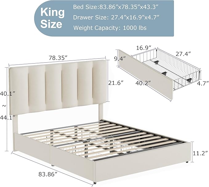 VECELO King Size Bed Frame with 4 Storage Drawers, Adjustable Height Headboard, Heavy-Duty Bedframe with Strong Wooden Slats, No Box Spring Needed, Pale Beige