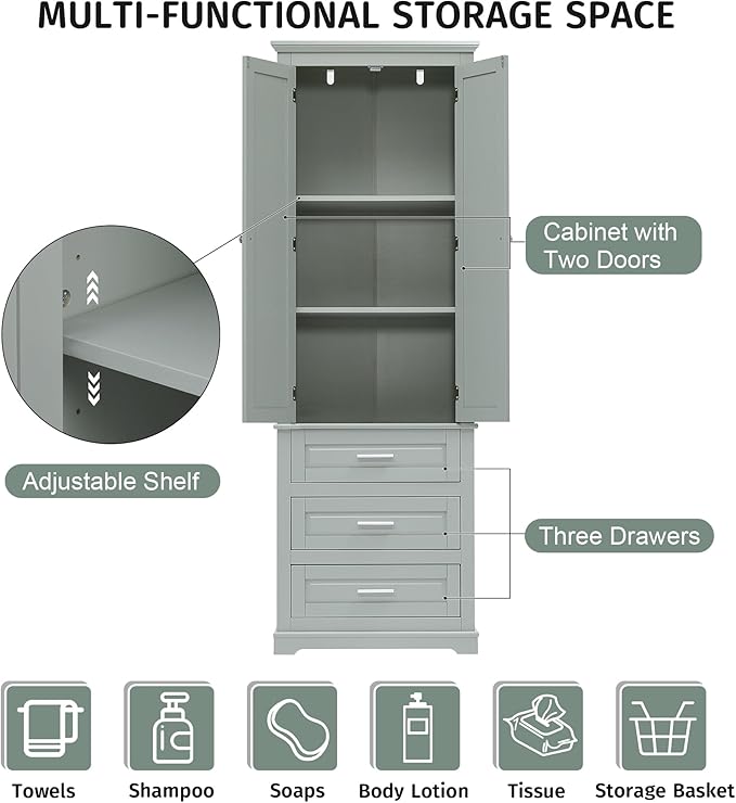 62.2" Wide Storage Cabinet Pantry Cupboard with Doors and Drawers for Home Kitchen, Bathroom and Living Room, Adjustable Shelf, White