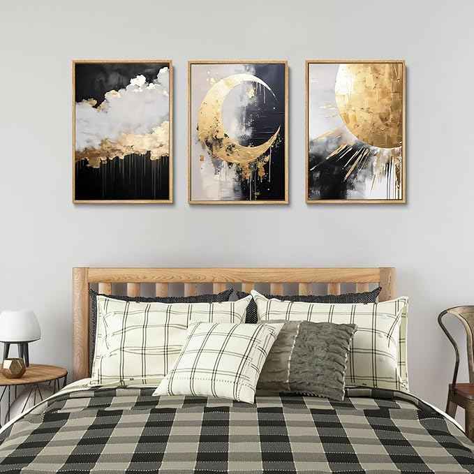 3Pcs Black and Gold Abstract Canvas Wall Art Sun Moon And Cloud Posters Prints Maximalist Pictures Wall Decor For Living Room, Bedroom,bathroom Decoration Unframed