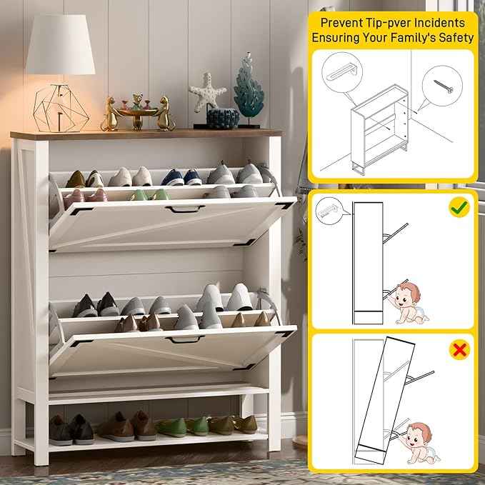Vabches Shoe Storage Cabinet, 5-Tier Farmhouse Freestanding Organizer with 2 Flip Drawers, Wooden Shoes Rack Cabinets Storage Organizer with Doors for Entryway, Hallway, Closet, Rustic White