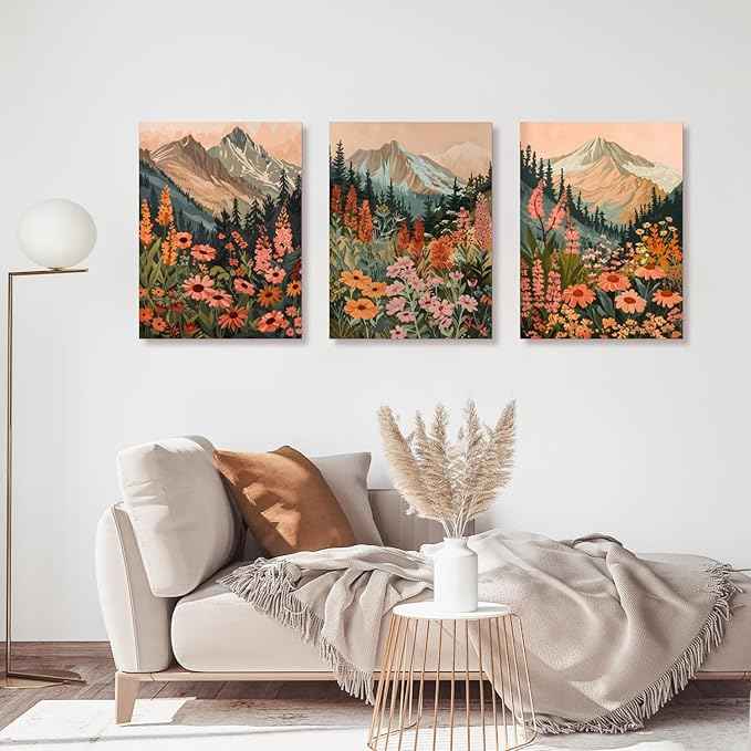 Cyebmo Framed Mountain Wildflower Wall Art Set of 3, Sunset Daisy Flower Wall Decor, Colorful Wildflower Canvas Painting, Nature Botanical Landscape Artwork for Bedroom Living Room 12x16 Inch