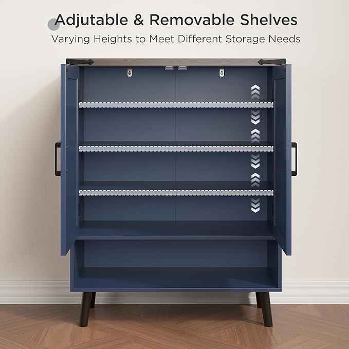Vabches Farmhouse Shoe Storage Cabinet with Doors, 5 Tier Small Shoe Cabinet with Adjustable Shelves and Metal Legs, 34" Tall Shoe Rack Organizer for Entryway, Foyer, Navy Blue