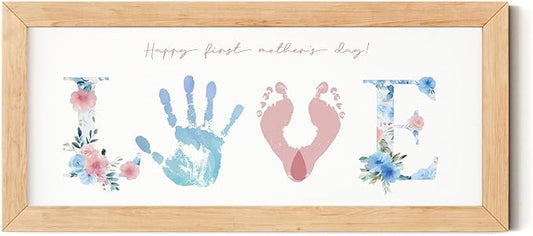 TwoDays First Mother's Day Handprint Gift from Baby - DIY LOVE Keepsake Hand & Footprint Craft Kit for Mom, Family Activity, Great Newborn Gift for Mother's Day (6" X 14", Wood Frame)