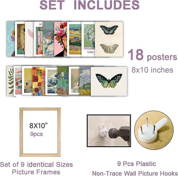 18PCS Vintage Eclectic Wall Art, Colorful Bohemian Gallery Wall Art, Retro Maximalist Decor Aesthetic, Funky Eclectic Gallery Wall Art Prints for Bedroom, Famous Artist Painting Pictures (with Beige Frame)