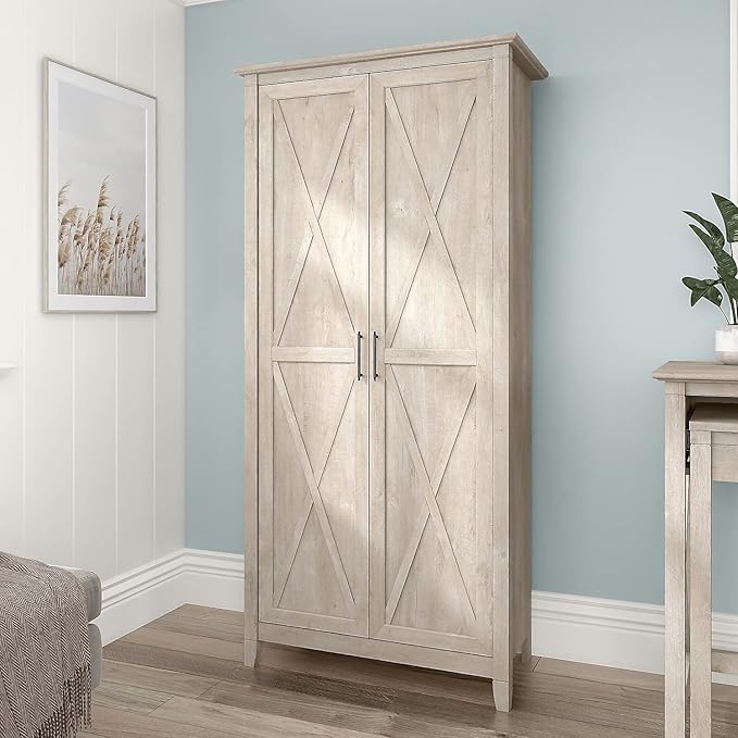 Bush Furniture Key West Tall Storage Cabinet with Doors and Shelves in Washed Gray, 2 Door Organizer for Home Office, Living Room, Entryway