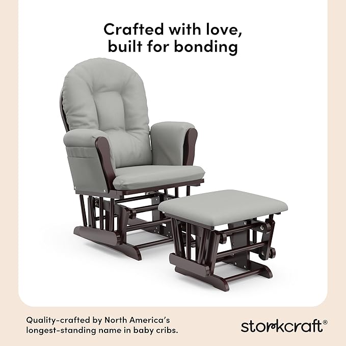 Storkcraft Premium Hoop Glider & Ottoman (Espresso/Light Gray) — GREENGUARD Gold Certified Nursery Glider, Solid Wood Craftsmanship, Smooth-Gliding Nursery Chair and Ottoman, Award-Winning