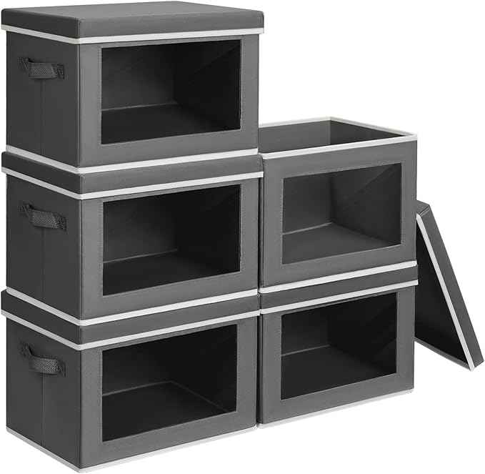 Stackable Storage Bins with Lids - Medium Storage Box with Lids, Foldable Closet Boxes for Organizing, Wardrobe Clothes Organizer with Window, Cubes Bins for Living Room, 5 Pack, Dark Grey