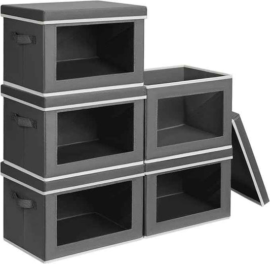 Stackable Storage Bins with Lids - Medium Storage Box with Lids, Foldable Closet Boxes for Organizing, Wardrobe Clothes Organizer with Window, Cubes Bins for Living Room, 5 Pack, Dark Grey