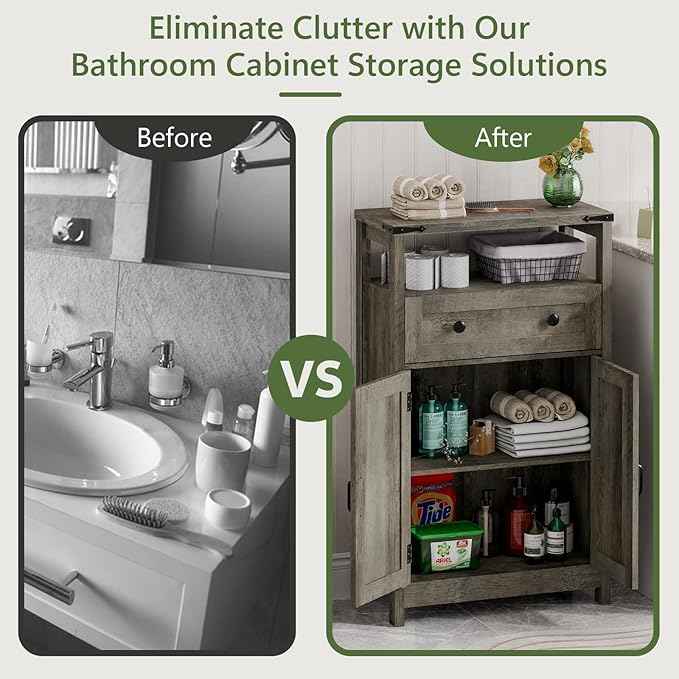 Vabches Small Cabinet with Drawer - Side Storage Organizer, Farmhouse Rustic Style, Grey for Bathroom, Kitchen, Living Room