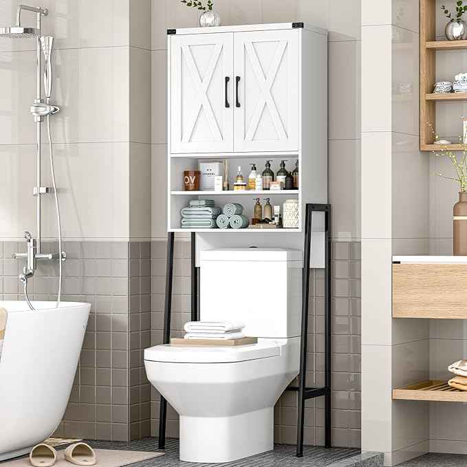 Vabches Over The Toilet Storage Cabinet, Farmhouse Over Toilet Storage Cabinet, Metal Frame with 2 Barn Doors, Home Space-Saving Toilet Rack for Bathroom, Toilet, Laundry Room