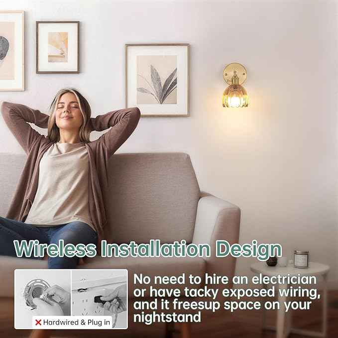 Vintage Battery Operated Wall Sconce with Amber Tulip Glass Lampshade 5000 mAh Rechargeable Battery Powered Wall Light with Remote Control for Bedside Bedroom Doorway, Set of 2