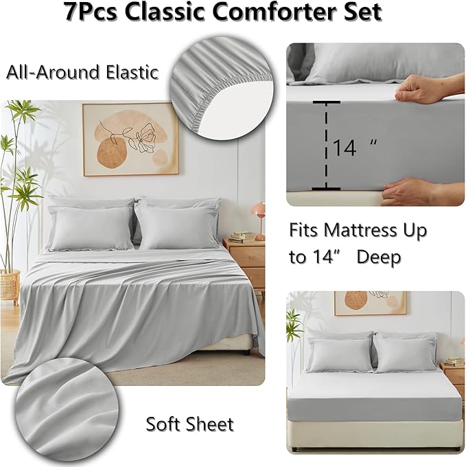 CozyLux Full Size Comforter Sets Light Grey - 7 Pieces Bed in a Bag Full, Luxury Soft Bed Set for All Seasons, Bedding Set with Down Alternative Comforter, Sheets, Pillowcases & Shams