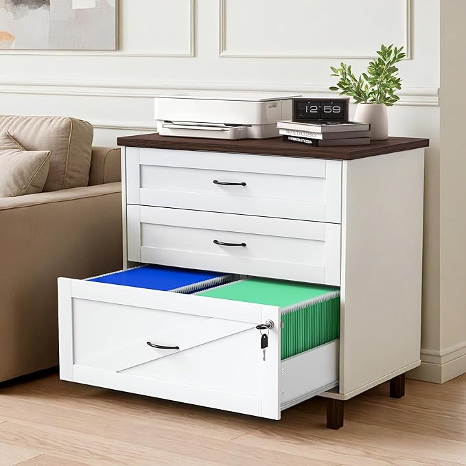 3 Drawer File Cabinet 32" Wide Lateral Filing Cabinets with Hanging File Folders for A4 Letter Legal Wood Office Storage Organizer Furniture Printer Stand for Home Office, Living Room（White）