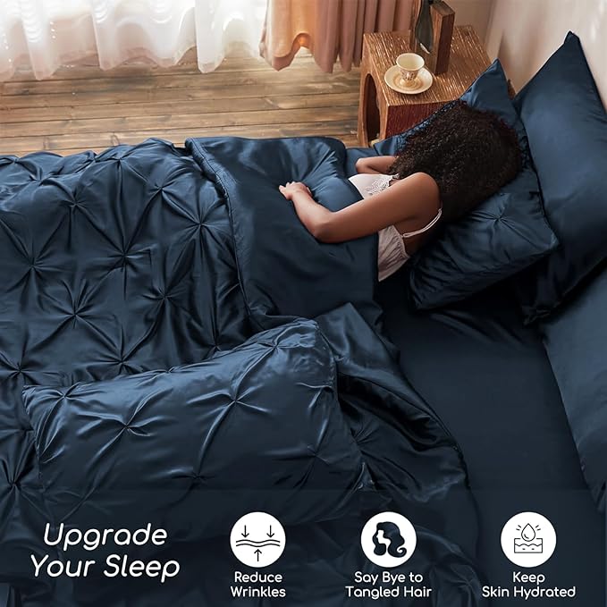 MR&HM Satin Comforter King 7 Pieces - Luxurious Pinch Pleat Bedding Set with Comforter, Flat Sheet, Fitted Sheet, Pillowcases & Shams, Super Silky Soft Bed Set for All Season (King, Mood Indigo)