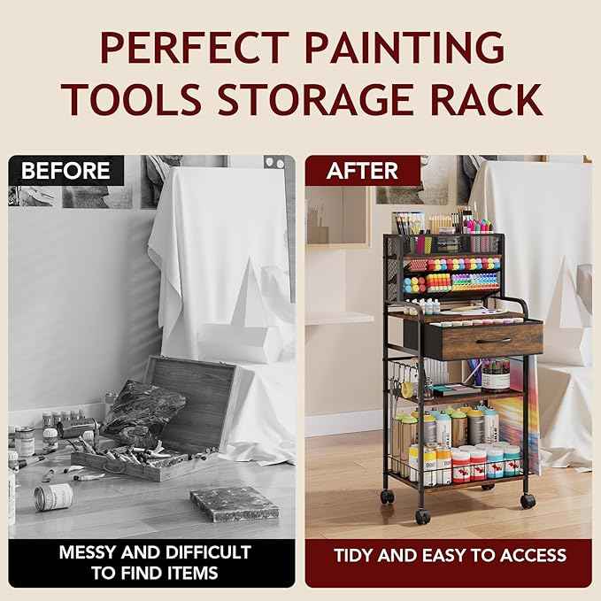 Art cart, 3 Tier Rolling Cart - Utility Cart with Storage Drawer and Wheels, Versatile Art & Craft Organizer for Home, Office, or Studio Ideal for Storing Brushes, Paints （Brown）