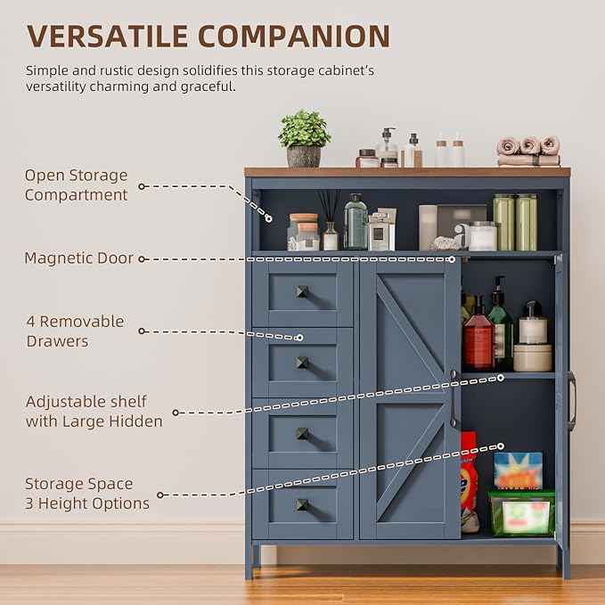 Vabches Farmhouse Storage Cabinet with 2 Doors and 4 Drawers, Freestanding Bathroom Compartment Kitchen Pantry Cabinet, Floor Cupboard for Kitchen/Living Room/Bathroom,Blue