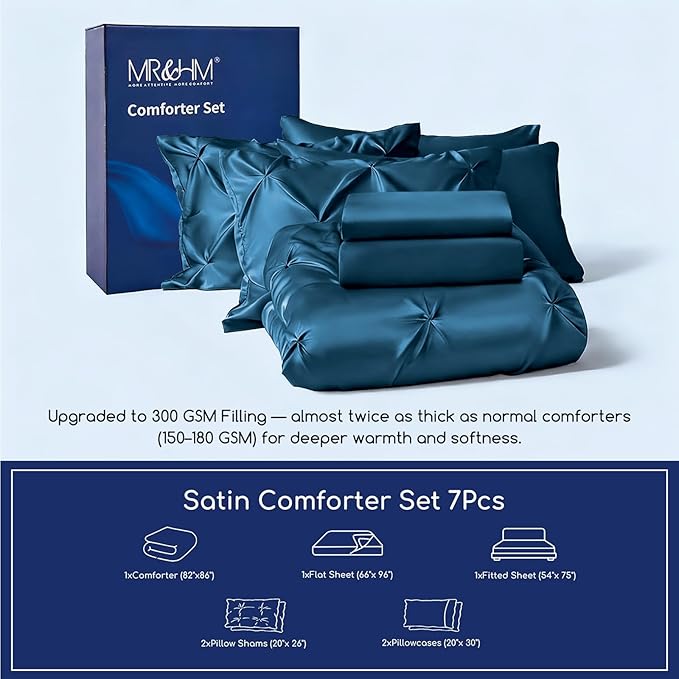 MR&HM Satin Comforter Full 7 Pieces - Luxurious Pinch Pleat Bedding Set with Comforter, Flat Sheet, Fitted Sheet, Pillowcases & Shams, Super Silky Soft Bed Set for All Season (Full, Teal)