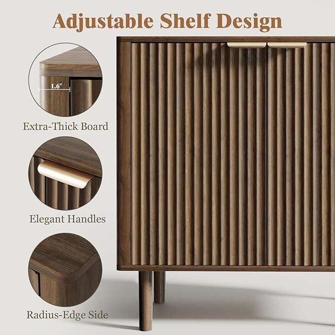 Sideboard Buffet Cabinet with Storage, Modern Fluted Accent Credenza with Doors & Adjustable Shelves, Wood Coffee Bar Console Table for Living Room, Dining Room, Kitchen, Entryway 31.5" Walnut