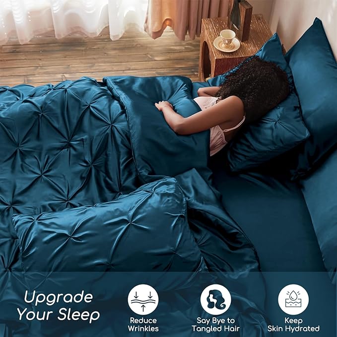 MR&HM Satin Comforter California King 7 Pieces Teal - Luxurious Pinch Pleat Bedding Set with Comforter, Flat Sheet, Fitted Sheet, Pillowcases & Shams, Super Silky Soft Bed Set for All Season