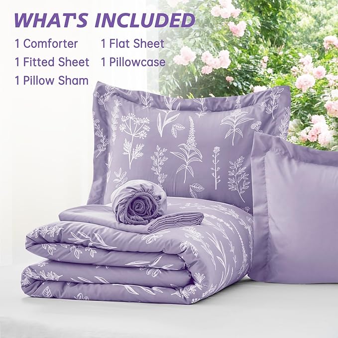 MUXHOMO Lavender Twin Comforter Set, Elegant Floral Print Bed in a Bag 5 Pieces, Ultra Soft & Breathable Reversible Botanical Pattern Bedding Set with Comforter, Sheets, Pillowcase, and Sham
