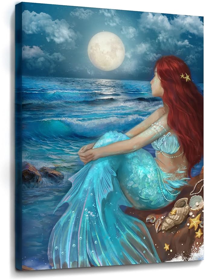 SDYA Aesthetic Wall Art for Living Room Bedroom Wall Decor Blue Canvas Prints Moon Night Artwork 24"x 36" Girls Room Decor