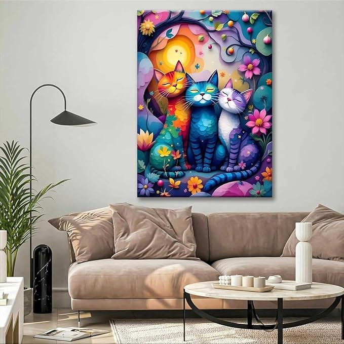 Paint by Numbers Kit for Adults Framed, Colorful Whimsical Cats in Flower Garden, DIY Oil Painting, Pre-Printed Canvas Wall Art Home Decor Gift, 20x24inch Framed, 24 Colors