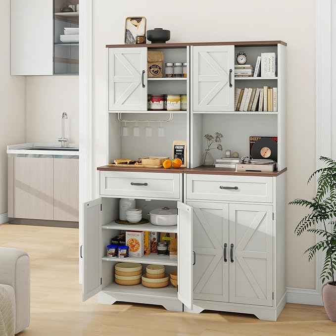 Vabches 68" Farmhouse Storage Cabinet with LED Light & Charging Station, Tall Kitchen Pantry Storage Cabinet with Storage Drawers, Coffee Bar with Hutch for Home Dining Living Room, Rustic White