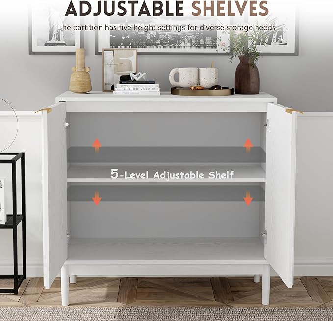 Fluted Cabinet with Storage, Buffet Cabinet Sideboard with Door, Kitchen Buffet Storage Accent Cabinets with Adjustable Shelves for Living Room, Entry, Hallway, White