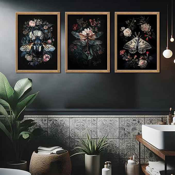 Dark Botanical Insect Canvas Wall Art Gothic Insect And Botanical Posters Prints Dark Academia Moody Floral Cottagecore Art Painting Vintage Dragonfly Beetle Moth Pictures Wall Decor Framed