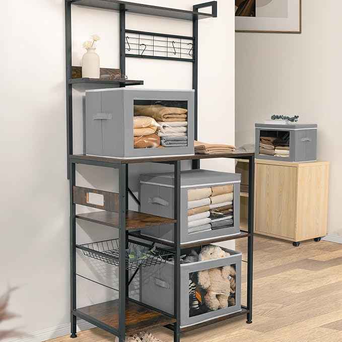Storage Bins with Lids, 4 Pack Large Storage Cubes with Window, Closet Bins with Lids & Handles, Fabric Box for Organizing Clothes, Towels, Books, Grey