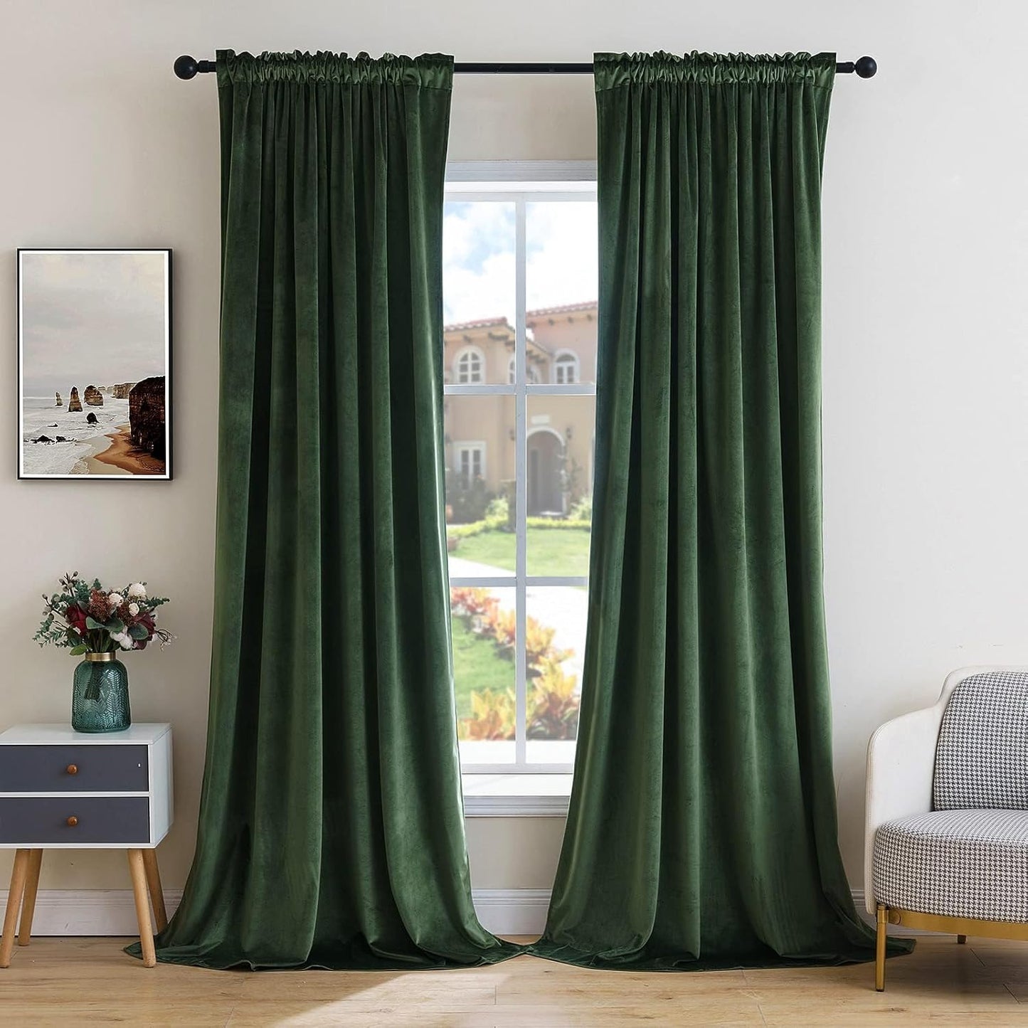 MIULEE Olive Green Velvet Curtains Thermal Insulated Blackout Curtain Drapes for Bedroom Living Room Darkening 80 Inches Long Curtains Panels Rod Pocket Set of 2