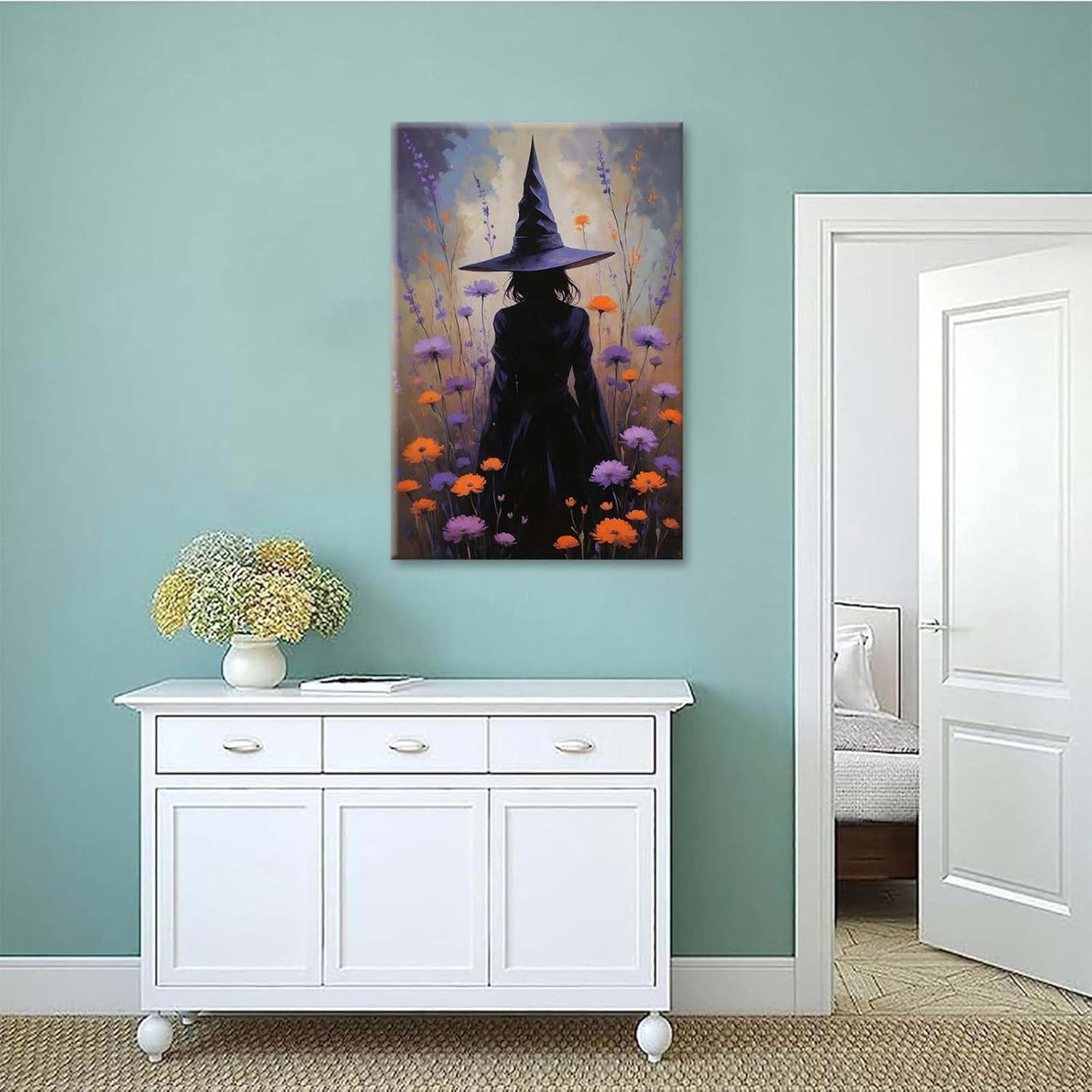 JFHCQJPK Country wildflower witch canvas print halloween mashup art witch purple decoration bohemian elegant art poster8x12in Frameless