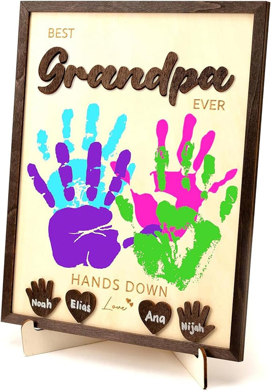 Best Grandpa Ever Hands Down Sign Wooden Handprint Frame DIY Gifts, Fathers Day Personalized Gifts From Daughter, Son, Kids - Fathers Day Handprint Gift, Custom Birthday Gift for New Dad, Grandpa