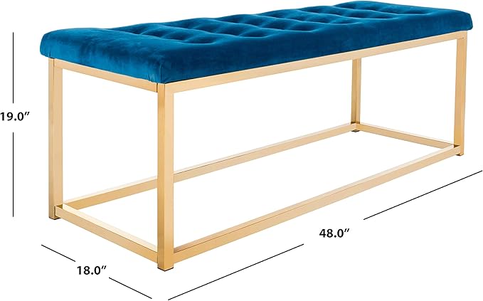 SAFAVIEH Home Collection – Reynolds Navy Tufted Upholstered Accent Bench, Modern Parsons-Style Open Frame Bench with Brass Legs for Bedroom, Entryway or Living Room (FOX6225G)