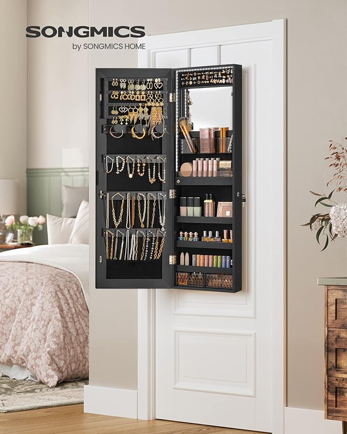 SONGMICS Jewelry Cabinet Armoire Organizer with LED Lights, Wall-Mounted Storage Cabinet with Full-Length Frameless Mirror, Built-in Makeup Mirror, 2 Drawers, Lockable, Black UJJC013B01