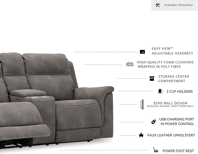 Signature Design by Ashley Next-Gen DuraPella Power Reclining Loveseat with Console & Adjustable Headrest, USB, Faux Leather, 76" W x 42" D x 42" H, Slate