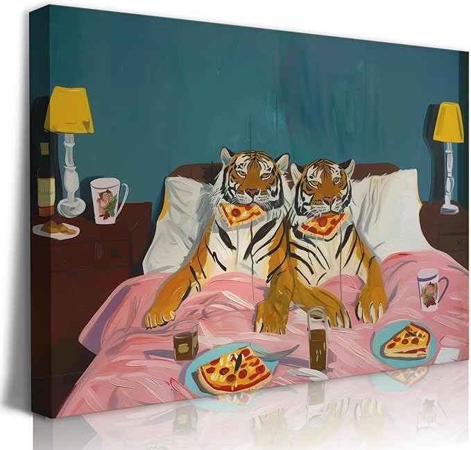 LSXARTQQ Funny Tiger Eating Pizza in Bed Wall Art Vintage Fun Tigers Couple Canvas Wall Decor Maximalist Blue Pink Jungle Animal Paintings Eclectic Whimsical Bedroom Picture Print(12x16inch)
