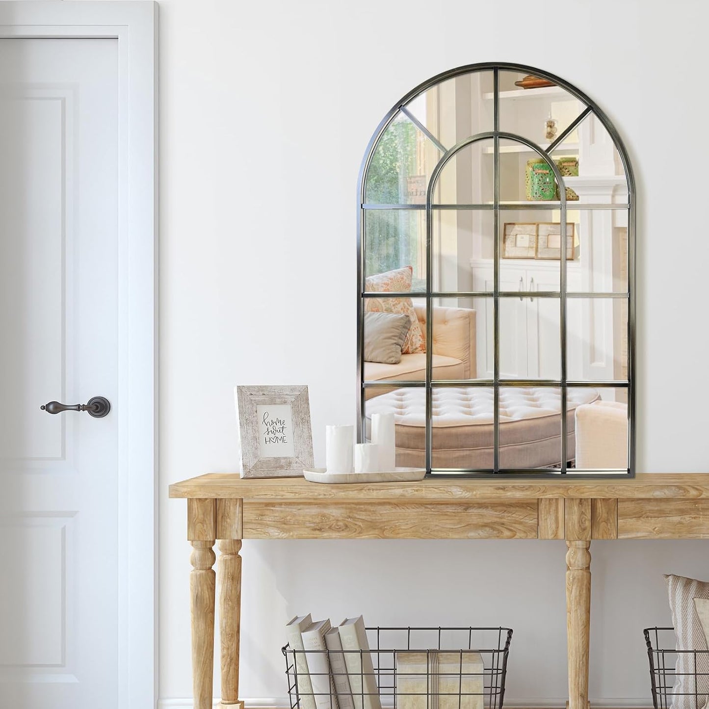 Arched Windowpane Wall Mirror 24"x36" Bronze Wall Mounted Art Pane Mirror Farmhouse Decorative Mirror Leaning Hanging Wall Mirror for Bedroom Living Room Entrance Hallway Wall Decor