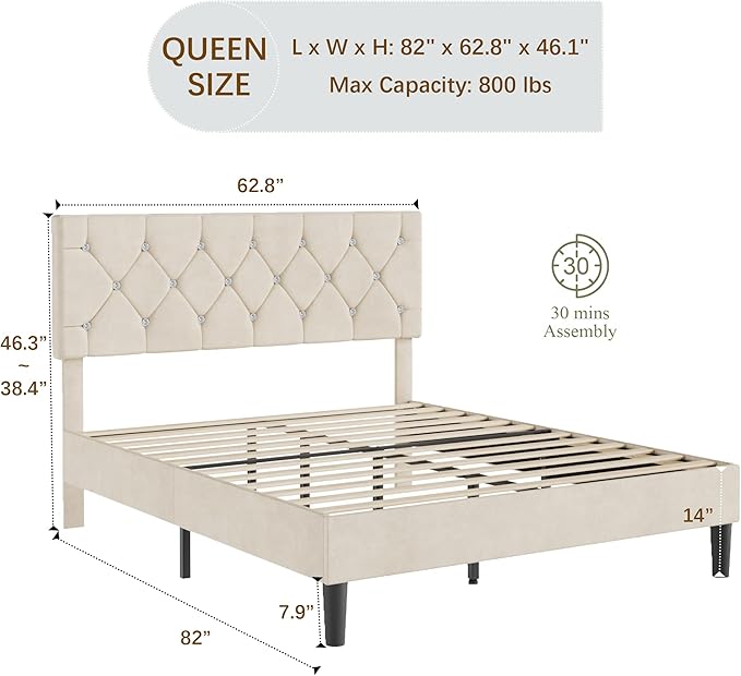 VECELO Queen Size Bed Frame, Upholstered Platform with Adjustable Diamond Tufted Headboard, Wood Slat Support, No Box Spring Needed, Pala Beige
