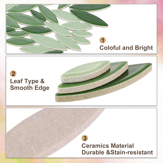 uxcell Ceramic Mosaic Tile, About 200g Teardrop Leaf Tile Mosaic Block for Handicrafts Artwork, Deep Green/Green
