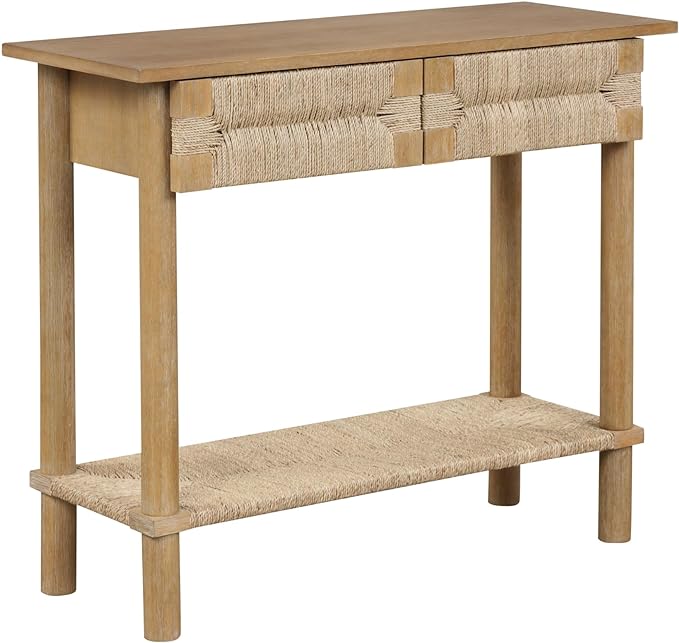 Nathan James Beacon Wooden Sofa Console Table with Drawers, Bohemian Entryway Table, Hallway Table with Seagrass Shelf, Light Brown