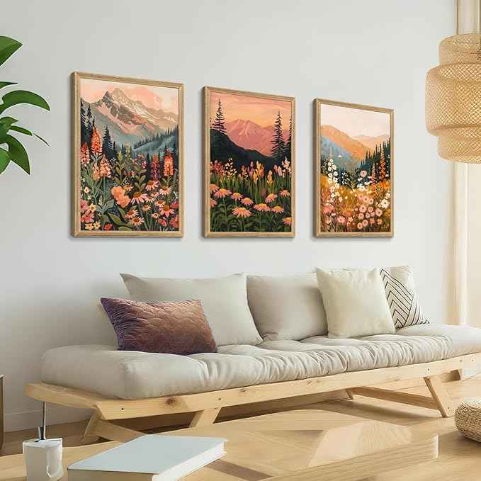 Cyebmo Wood Framed Mountain Wildflower Wall Art Set of 3, Sunset Mountain Nature Wall Decor, Colorful Floral Landscape Canvas Prints, Rustic Botanical Artwork for Bedroom Living Room Office 16x24 Inch