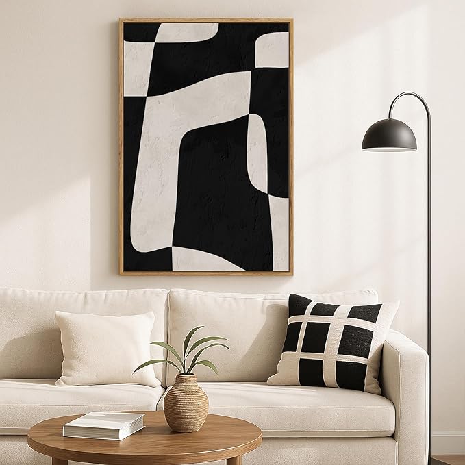 Framed Neutral Abstract Wall Art, Modern Canvas Prints Paintings Artwork for Walls, Minimalist Black and Beige Block Pictures for Living Room Dining Room Bedroom Hallway Wall Decor 24x36 In